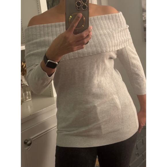Express Off Shoulder Knit Sweater Womens Small Y2K Gray Grey Lightweight Ribbed - Picture 1 of 9